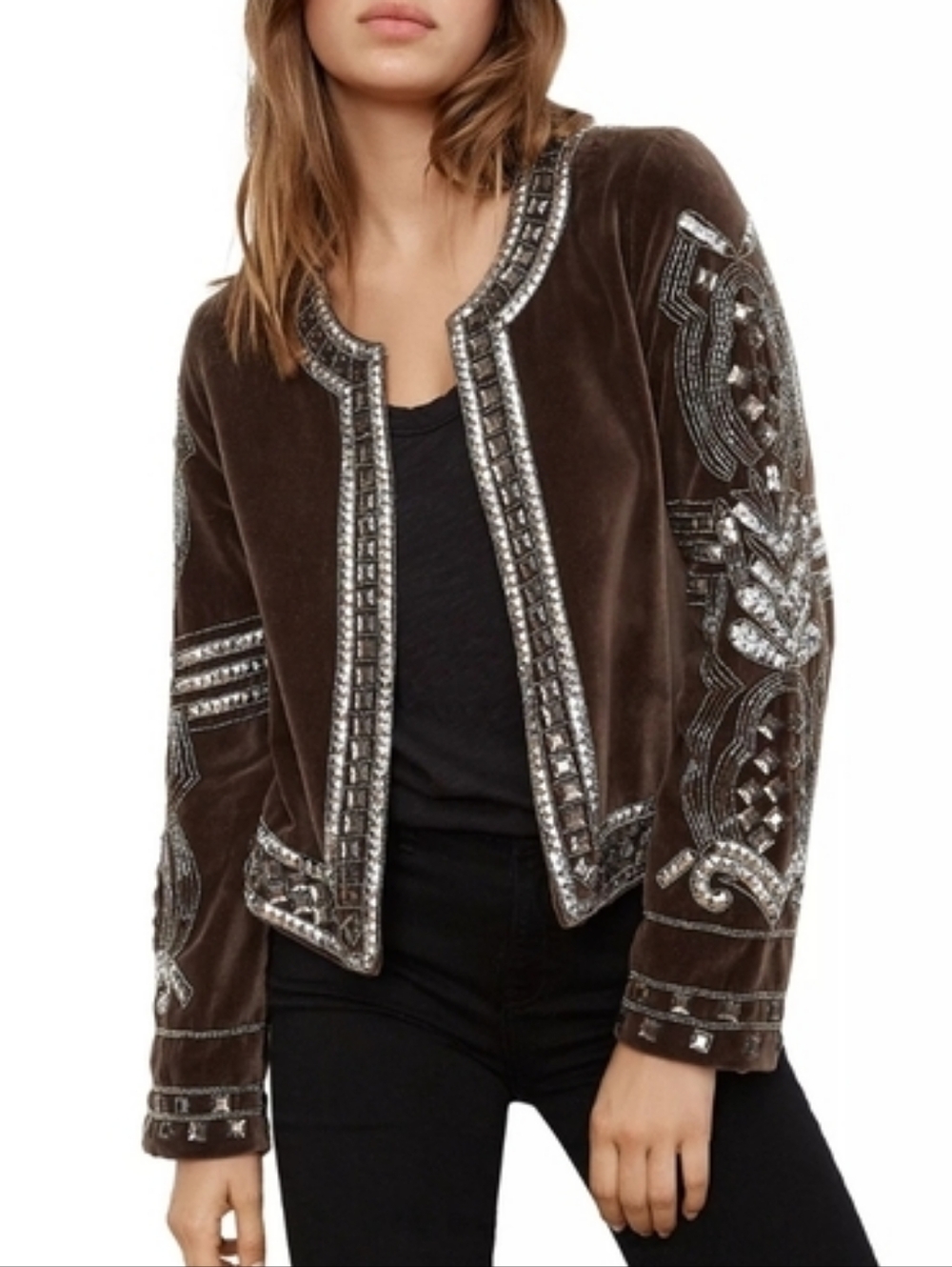 Stunning Velvet By Graham & Spencer Beaded Embellished Jacket in Deep Brown XL